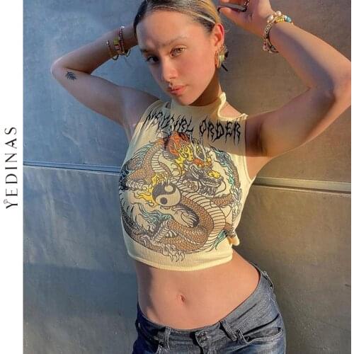 Yedinas Streetwear 90s Grunge Tanks Dragon Print Bandage Mock Neck Sleeveless Cropped Tops Aesthetic Fashion Indie Tank Top