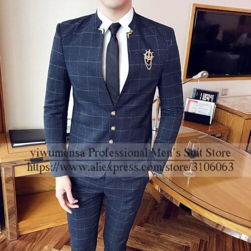 High Quality Standing Neck Plaid Checked Jacket With Pants 2 Pieces Office Business Grooms Wear Mens Suits For Wedding Clothing