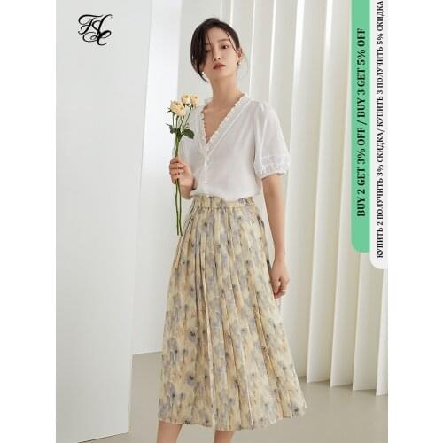 FANSILANEN Office Lady Oil Painting Floral Skirt Summer Long A-line High Waist Pleated Skirt Draping Retro Skirt Women Clothes