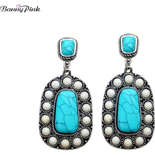 Banny Pink Bohemia Mix Turquoises Earrings For Women Vintage Geometric Stone Stud Earrings Indian Statement Earrings Brincos