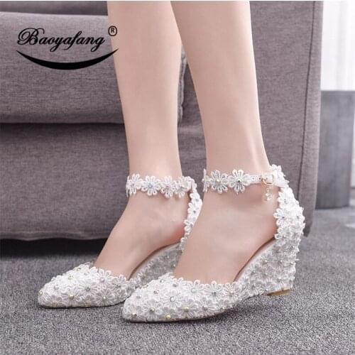 BaoYaFang Round Toe White Flower Womens wedding shoes Bride Wedges Ankle Strap Ladies party dress shoes woman paltform shoes