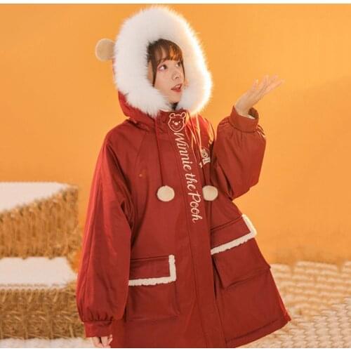 2021 Thick Warm Women Winter Down Jacket Big Fur Collar Parka Kawaii Loose Harajuku Female Oversized Hooded Print Red Clothes