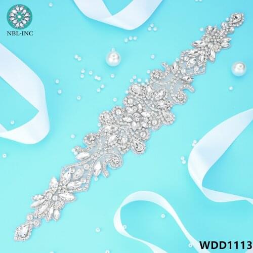 30pcs) Wholesale bridal silver crystal rhinestone applique belt handmade beaded sew on iron on for wedding dresses WDD1113