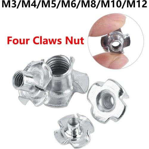 5/10/20/50pcs M3 M4 M5 M6 M8 M10 M12 Four Claws Nut Speaker Nut T-nut Blind Pronged Insert Tee Nut for Wood Furniture Hardware