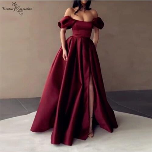 Burgundy Satin Evening Dresses Long Side Split A-line Off Shoulder Lace Up 2020 Prom Dress Formal Party Gowns Robe De Soiree