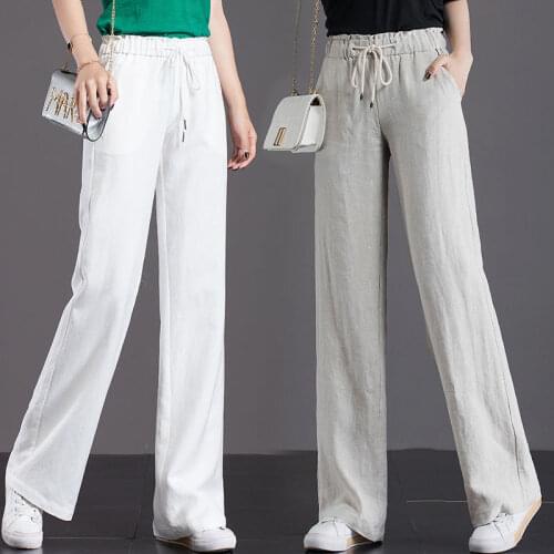 White Green Black Cotton Spring Autumn Wide-leg Pants Womens Drawstring High-Waisted Loose Plus Size Casual Trousers X188