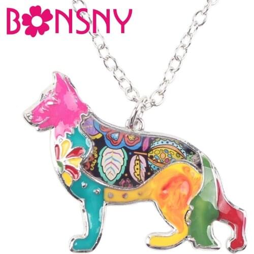 Bonsny Enamel Alloy Floral German Shepherd Dog Necklace Pendant Choker Collar Novelty Animal Jewelry For Women Girls Gift Bijoux