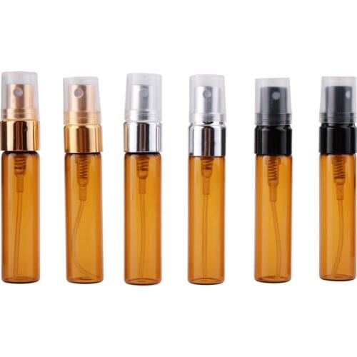 50 pcs Perfume Refillable Bottle Aluminum Nozzle Glass Dark Brown Small Cosmetic Spray Toner Vial Empty Press Pump Bottle 5 ML