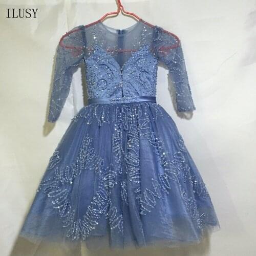 ILUSY Glitter Ball Gown Flower Girl Dresses Puffy Crew Collar Long Sleeve Child Dress