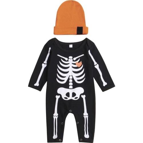 2021 Baby Boy Clothes Rompers with Cap Kids Boys Skeleton Print Round Neck Long Sleeve Jumpsuit+Hat for Spring Fall, 0-18 Months