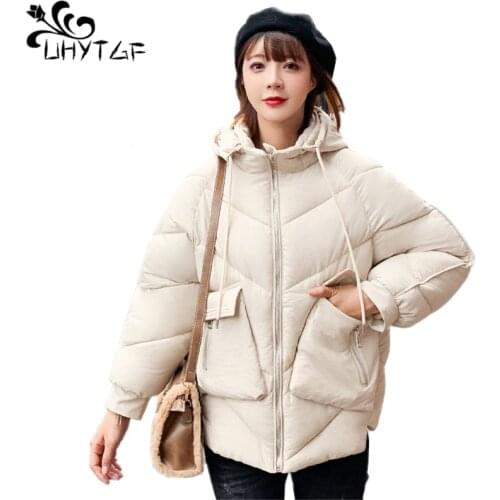 UHYTGF Womens Autumn Winter Hooded Jacket Stand Collar Cotton Coat Padded Female Basic Jacket Women Down cotton Outerwear X561