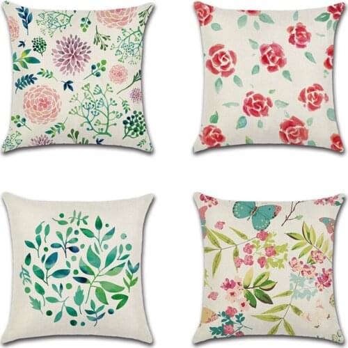 Summer flower Cushion Cover hand drawn fresh green leaves Pillow Cases Linen Car Decorative nordic Pillowcase For Sofa