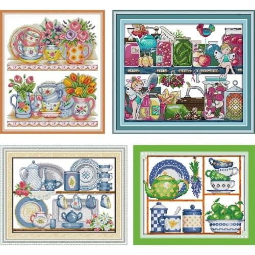 Joy Sunday Counted Cross Stitch Kits Tableware Patterns 14CT 11CT Printed Handmade Stamped Embroidery Needlework Decoration Sets