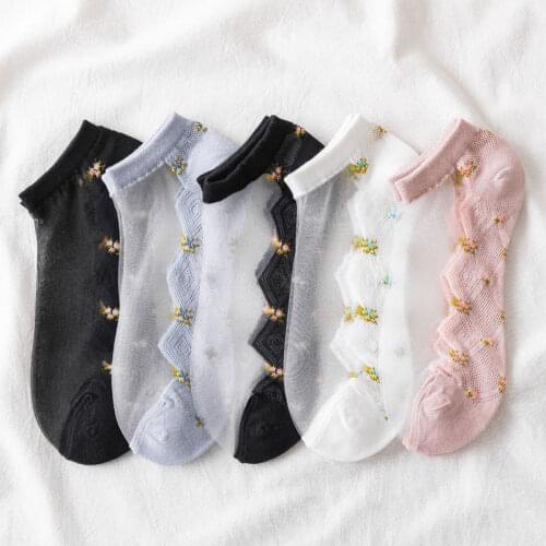 Invisible Splicing Color Breathable for Women Girls Transparent Lace Silk 1Pair Floral Pattern Nice Gift Short Sock