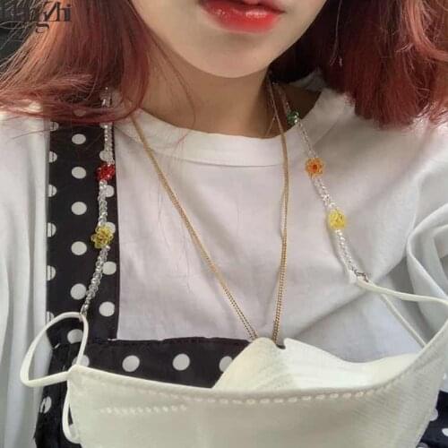 HangZhi 2020 New Sweet Colorful Flowers Clear Crystal Necklace Mask Chain Glasses Holder Strap Lanyard for Women Kids Accessory