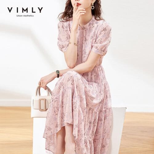 VIMLY Womens Floral Dress Summer New Stand Collar Chiffon Dresses Elegant Elastic Waist Maxi Dress Female Vestidos F7235