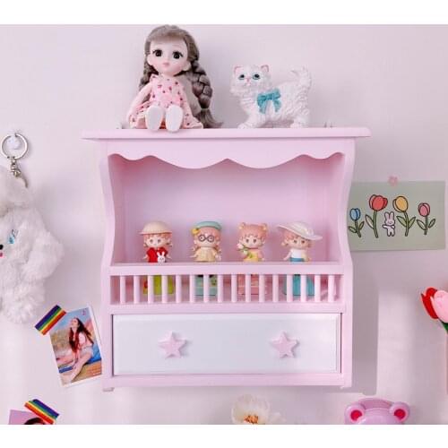 Pink Home Decor Wall Mount Wood Frame Books Toys Storage Shelf Rack Holder For Home Child Bedroom Decor
