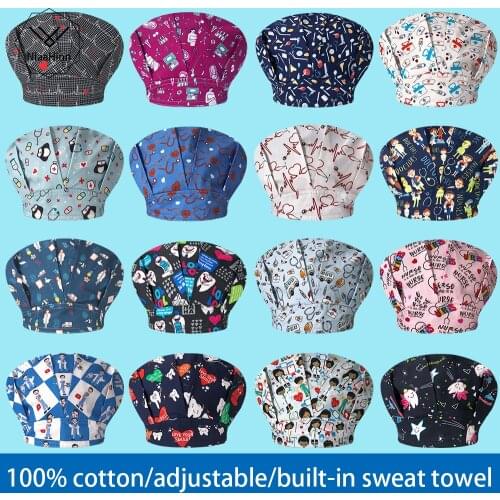 Clearance Pattern Scrub Cap Print Working Hat 100% Cotton Women Men Beautician Dust Proof Cooking Chef Caps Adjustable Wholesale