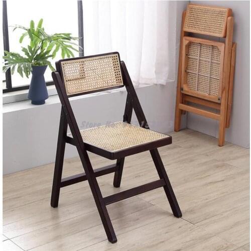 Retro solid wood folding chair Nordic homestay rattan chair household simple backrest dining chair Japanese bedroom makeup chair