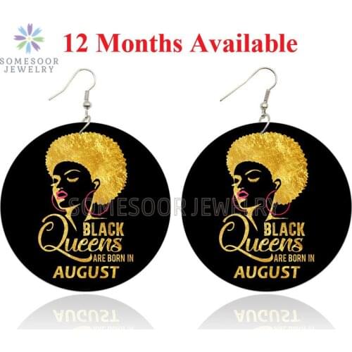 SOMESOOR Golden Black Queens Are Born In 12 Months Big Loops Both Sides Print Afro Wooden Drop Earrings For Women Birthday Gifts