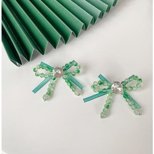 Fresh Green Bow Beaded Tassel Earrings Girl Heart Ribbon Dangle Summer Trendy Korean Women Statement Glass Drop Earrings Jewelry