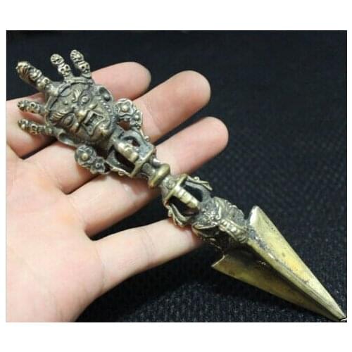 Tibet Bronze Copper Mahakala Buddha Head Statue Portect Phurpa Dagger Talismans