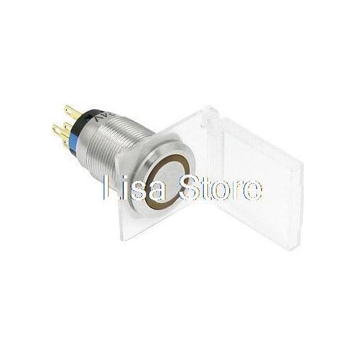 Yellow LED Lamp Locking Stainless Push Button Switch 24V 1NO 1NC w Cover