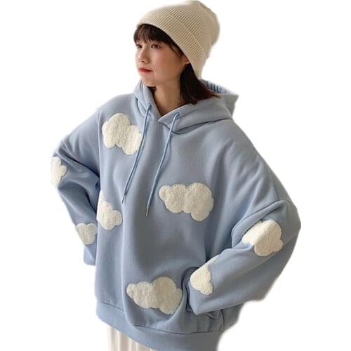 2021 Autumn Winter Hooded Sweatshirt Women Street Fashion Sunny Clouds Flocking Pullover Hoodies Drop Shoulder Casual Cute Tops