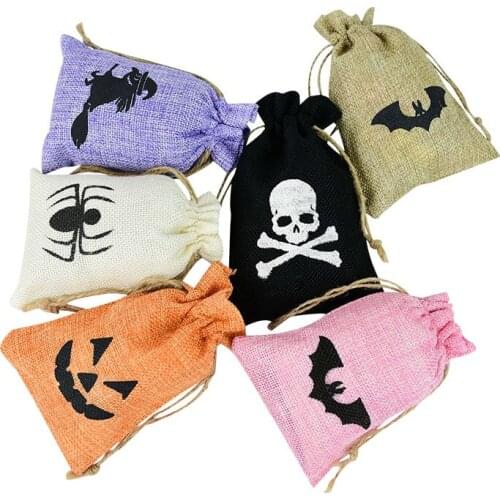 5pcs Spider Bat Skeleton Jute Burlap Gift Bags With Drawstring Candy Pouches For Halloween Decoration Treat Bag Party Supplies