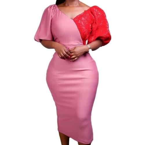 African Dresses for Women 2021 Summer African Women V-neck Short Sleeve Knee-length Dress African Clothes Women