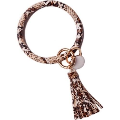 Rainbery Chic monogram PU Leather O-ring Key Chain Colorful Snakeskin Circle Tassel Wristlet Houndstooth Keychains
