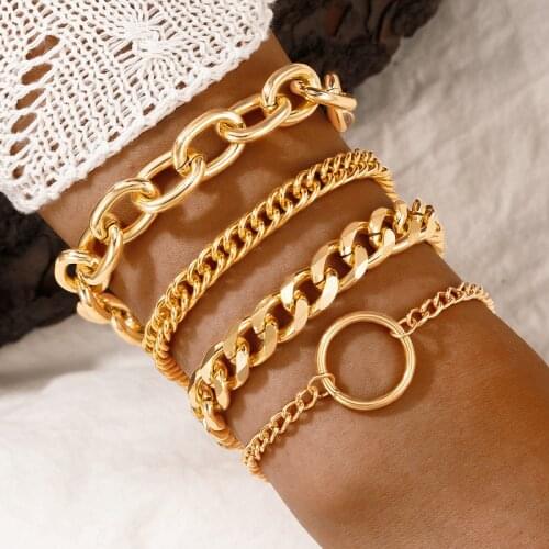 Docona 4pcs/set Punk Gold Thick Chain Bracelet Set for Women Gothic Multi-layer Hollow Geometry Bangle Ladies Party Jewelry Gift