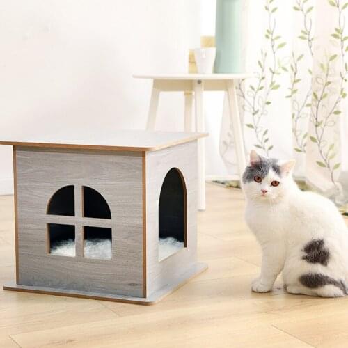 Pet wood house cat litter ventilation Four seasons universal cat villa closed dog house warm mat