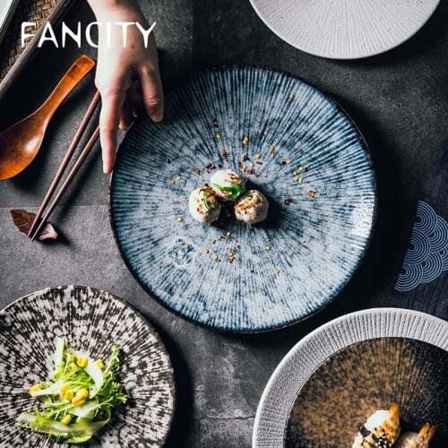FANCITY Japanese style striped shallow plate round ceramic plate creative western plate breakfast plate dim sum flat plate rice