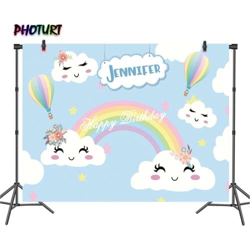 PHOTURT Lovely Cloud Backdrop Kids Birthday Party Baby Shower Background Blue Rainbow Vinyl Photo Banner Photography Props