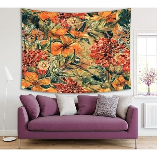 Tapestry Tropical Plants Flowers Leaves Exotic Forest Nature Theme Oil Painting Style Art Orange Green