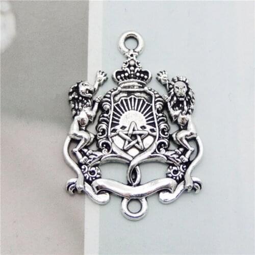 Julie Wang 4PCS Double Lion Badge Charms Antique Silver Color Zinc Alloy Crown Connector Pendants Jewelry Making Accessory