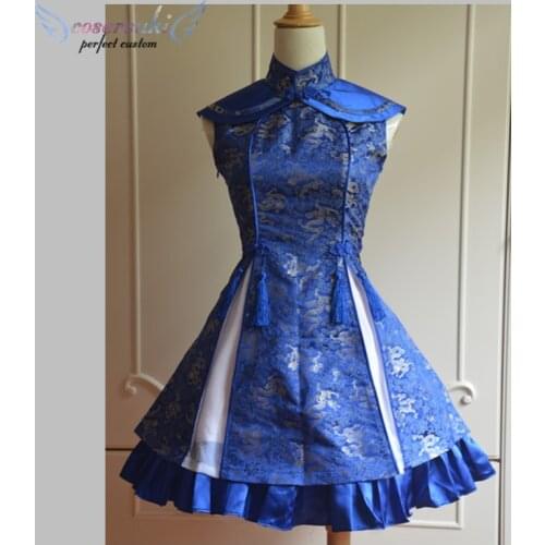 Classic Blue Qi Dress Sleeveless Lace Up Printed / Red Satin Qi Dress Sleeveless Plum Blossom Printed Lolita Dress