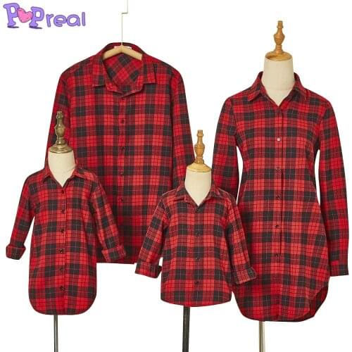 PopReal Parent-Child Outfit Mother And Daughter Shirt Dress Print Father And Son Shirt Family Clothing Set Plaid Turndown Collar