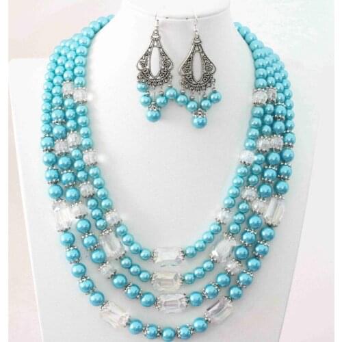 HOT blue round shell simulated-pearl white crystal beads fresh charmins earrings 4rows necklace jewelry set 18-23.5" B1005