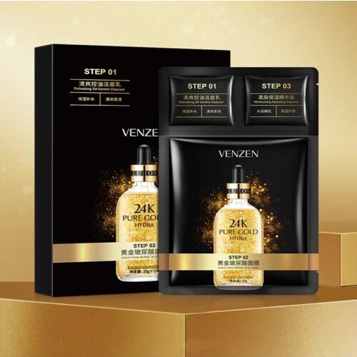 5pcs Gold Hyaluronic Acid Trilogy Face Mask Portable Travel Anti-Aging Repair Oil-Control Cleanser Moisturizing Essence SkinCare