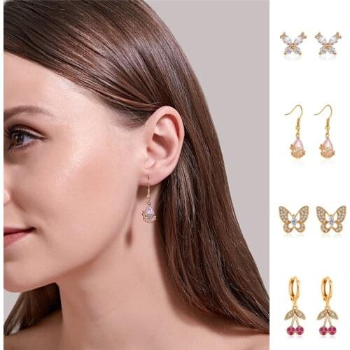 Fashion KPOP Cherry Drop Water Shaped Earrings For Women Girls Korean Style Rhinestone Geometric Stud Ear Jewelry Gifts