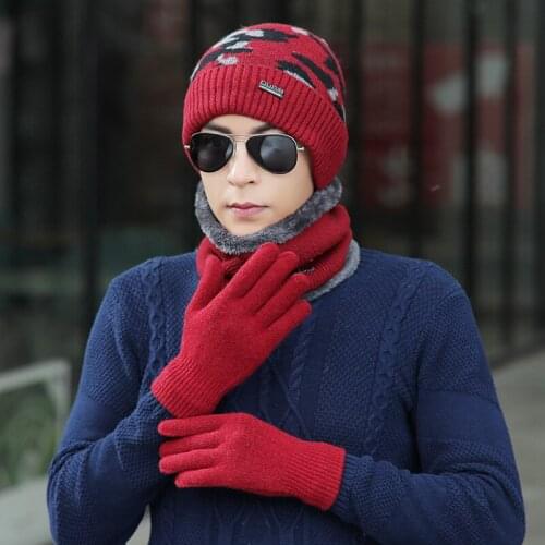 New Double Layer Velvet Wool Cap For Male Tide Knit Hat Scarf Gloves Set Cold Winter Warm Men Ski Cap Cycling Beanies Outdoor