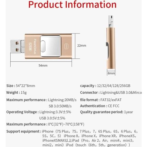 Otg USB Flash Drive 3 in1 For iPhone X/8/7/7 Plus/6/6s/SE/ipad Usb Flash 3.0 Pendrive HD Memory Stick 16GB 32GB 64GB 128GB 256GB