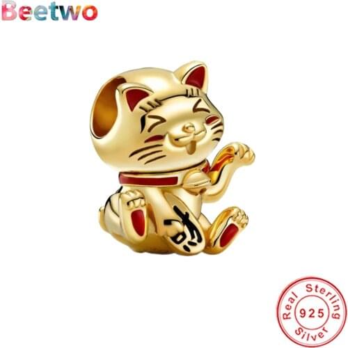 Fit Original Pandora Bracelet Charms 925 Sterling Silver Gold Cute Fortune Cat Charm Bead Jewelry Berloque Gift