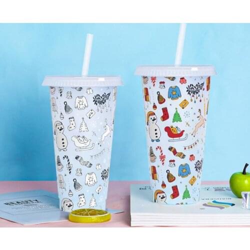 Christmas Color Changing Coffee Cup With Lid With Straw Reusable Drinkware Tumbler Matte Plastic Water Bottle 710ml Drinking Mug