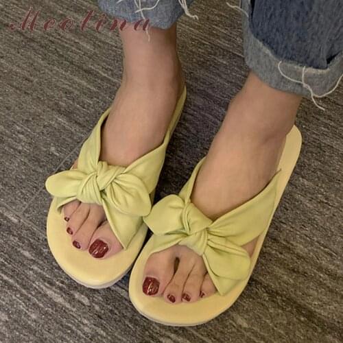 Meotina Women Slippers Genuine Leather Sandals Flat Low Heel Slides Bow Square Toe Cow Leather Ladies Footwear Summer Yellow 40