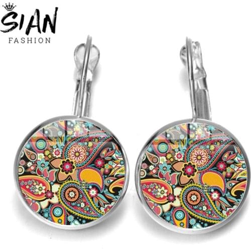 SIAN Ancient Retro Indian Paisley Earrings Mandala Flower Unique Art Picture Glass Round Hippies Dangle Earings Fashion Jewelry