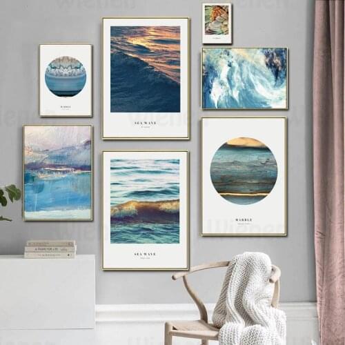 Nordic Seascape Canvas Posters and Prints Wall Art Sea Wave Feather Marble Decor Oil Painting Modern Home Decor Wall Pictures
