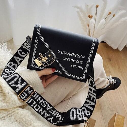 Fashion Letter Crossbody Bag For Women PU Leather Stitching Shoulder Bag Wide Shoulder Belt Square Bag Messenger Bag sac femme